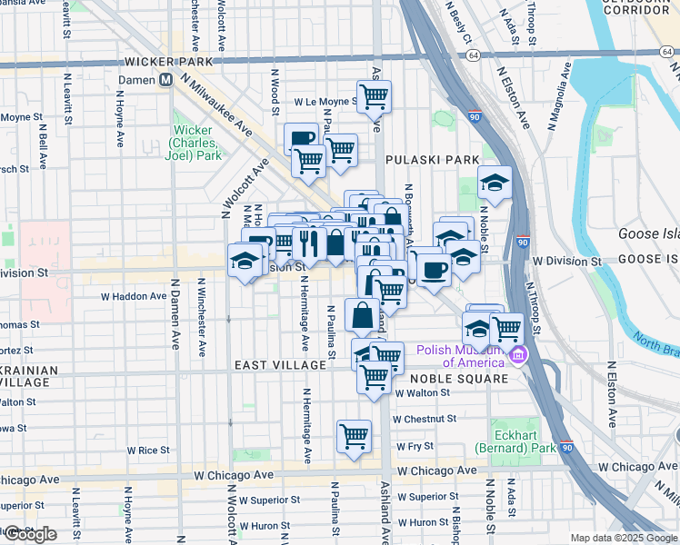 map of restaurants, bars, coffee shops, grocery stores, and more near 1104 North Marshfield Avenue in Chicago