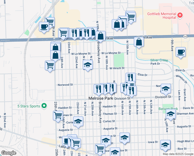 map of restaurants, bars, coffee shops, grocery stores, and more near 1601 North 20th Avenue in Melrose Park