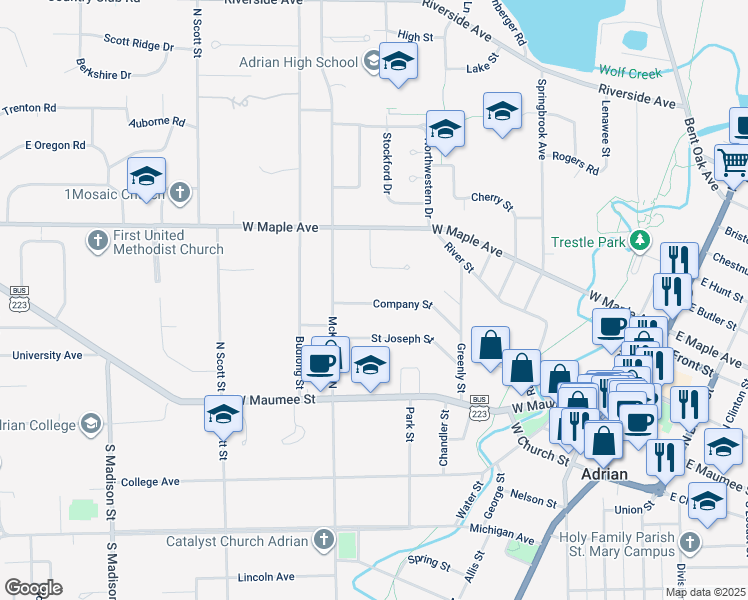 map of restaurants, bars, coffee shops, grocery stores, and more near 714 Saint Joseph Street in Adrian