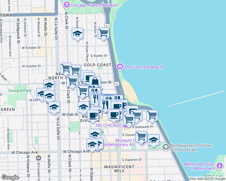 map of restaurants, bars, coffee shops, grocery stores, and more near 70 East Cedar Street in Chicago