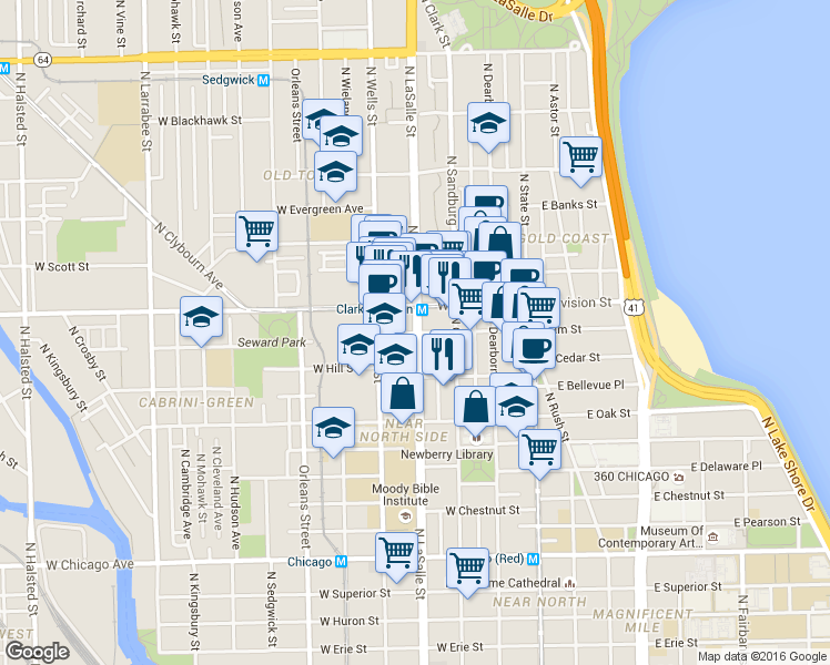 map of restaurants, bars, coffee shops, grocery stores, and more near in Chicago
