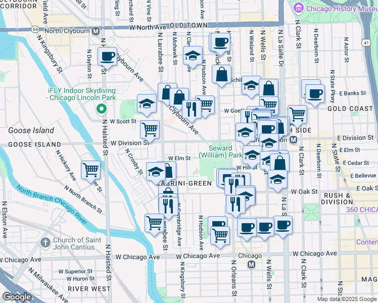 map of restaurants, bars, coffee shops, grocery stores, and more near 3 West Elm Street in Chicago