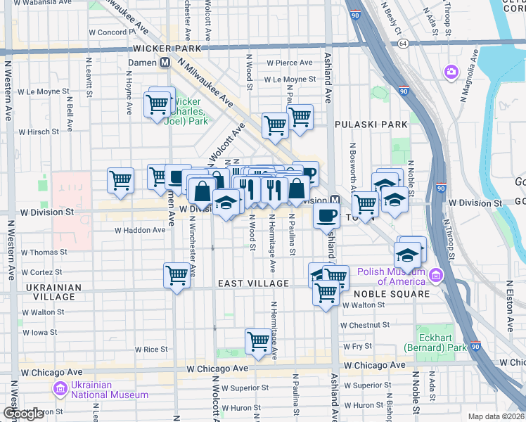 map of restaurants, bars, coffee shops, grocery stores, and more near 1133 North Wood Street in Chicago