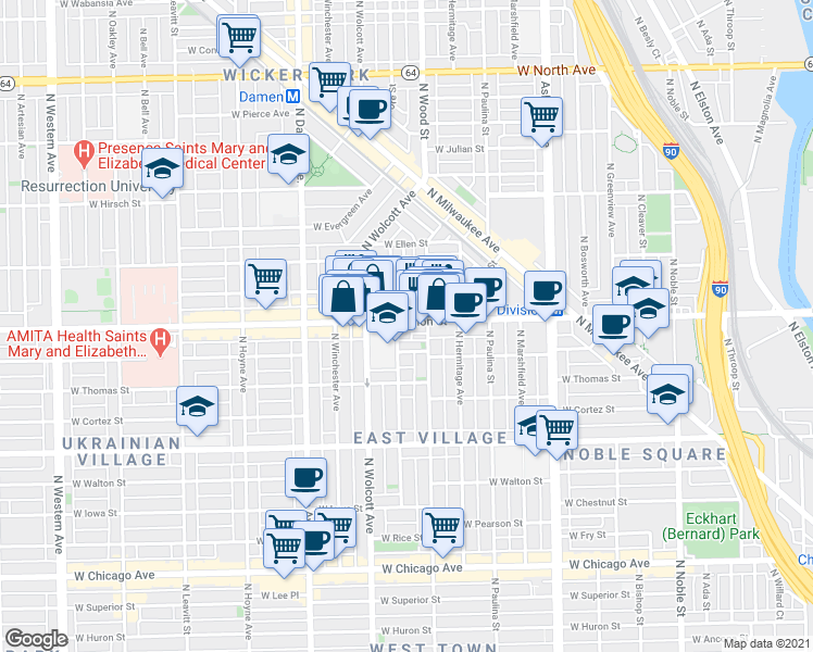 map of restaurants, bars, coffee shops, grocery stores, and more near 1824 West Haddon Avenue in Chicago
