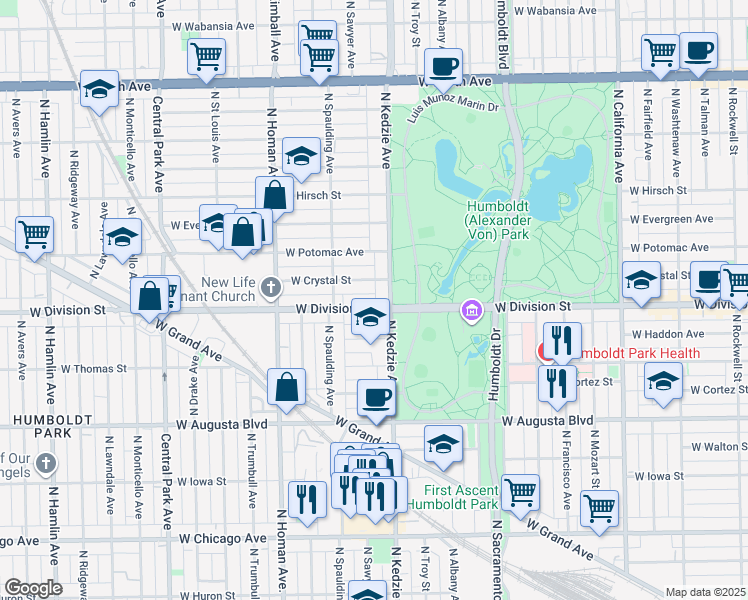 map of restaurants, bars, coffee shops, grocery stores, and more near 3299 West Division Street in Chicago