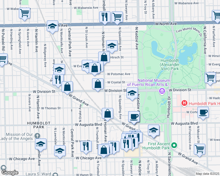 map of restaurants, bars, coffee shops, grocery stores, and more near 3333 West Division Street in Chicago