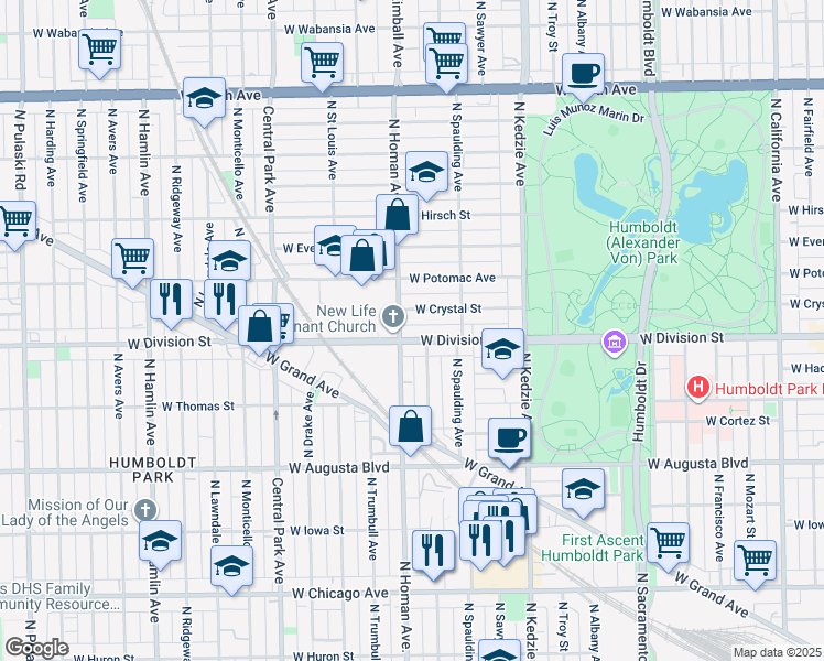 map of restaurants, bars, coffee shops, grocery stores, and more near 3333 West Division Street in Chicago