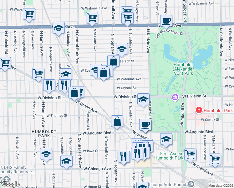 map of restaurants, bars, coffee shops, grocery stores, and more near 3333 West Division Street in Chicago