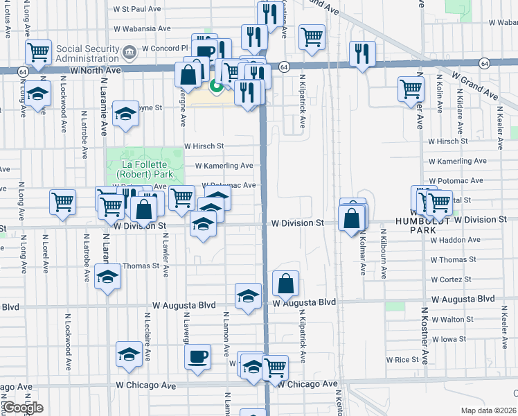 map of restaurants, bars, coffee shops, grocery stores, and more near 4824 West Division Street in Chicago