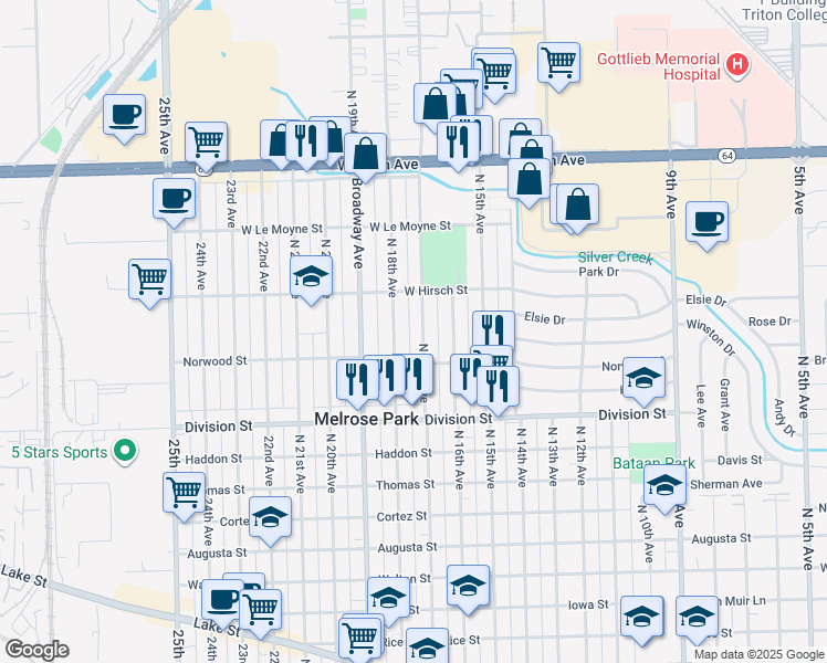 map of restaurants, bars, coffee shops, grocery stores, and more near 1600 North 17th Avenue in Melrose Park
