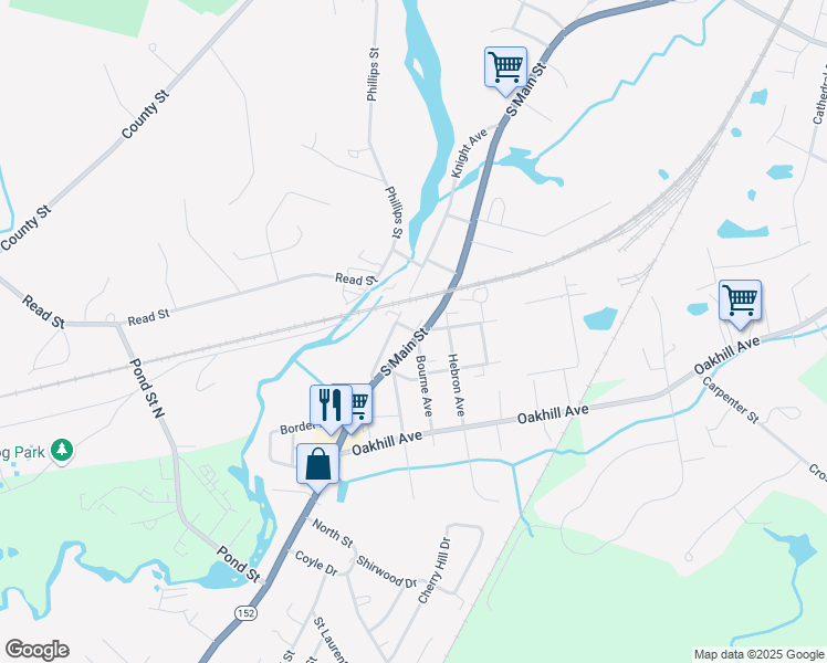 map of restaurants, bars, coffee shops, grocery stores, and more near 71 Church Street in Attleboro