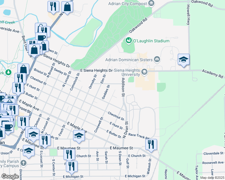 map of restaurants, bars, coffee shops, grocery stores, and more near 829 Croswell Street in Adrian