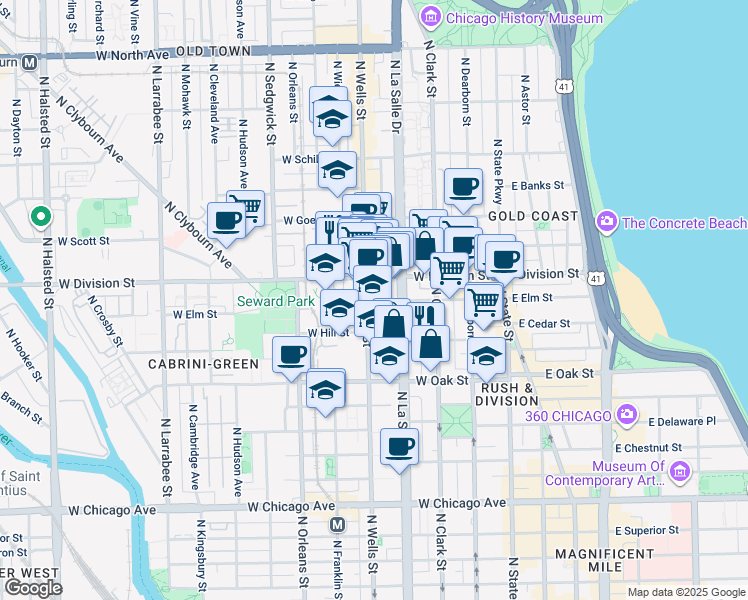 map of restaurants, bars, coffee shops, grocery stores, and more near in Chicago