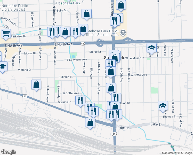 map of restaurants, bars, coffee shops, grocery stores, and more near 304 44th Avenue in Northlake