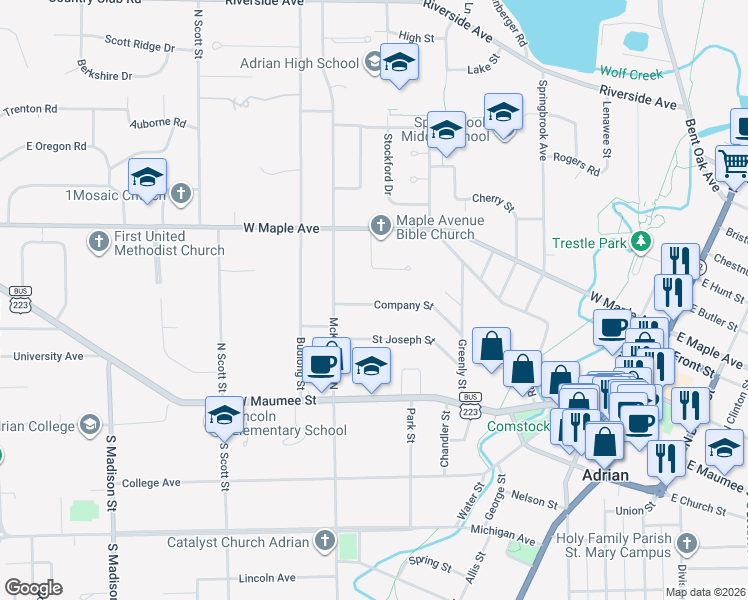 map of restaurants, bars, coffee shops, grocery stores, and more near 714 Saint Joseph Street in Adrian
