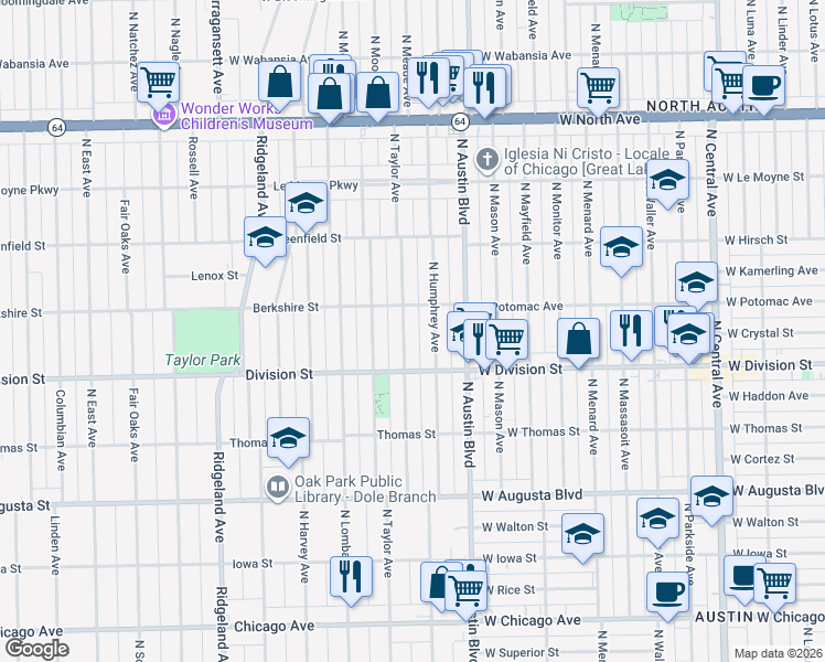 map of restaurants, bars, coffee shops, grocery stores, and more near 930 North Taylor Avenue in Oak Park