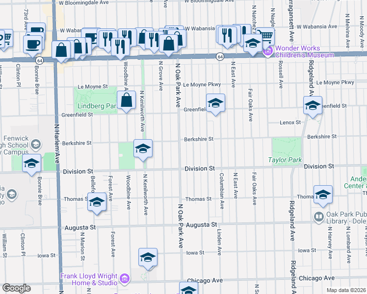 map of restaurants, bars, coffee shops, grocery stores, and more near 919 North Oak Park Avenue in Oak Park