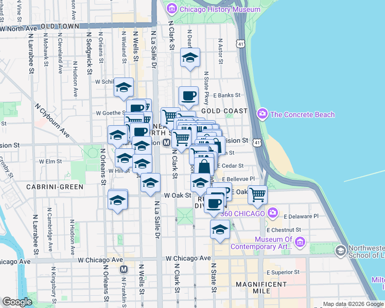 map of restaurants, bars, coffee shops, grocery stores, and more near N Dearborn Pkwy & W Elm St in Chicago