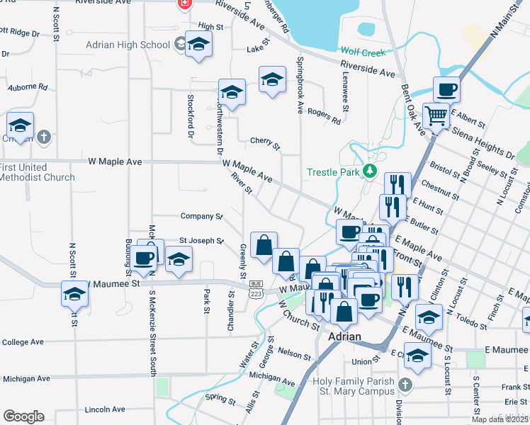 map of restaurants, bars, coffee shops, grocery stores, and more near 425 River Street in Adrian