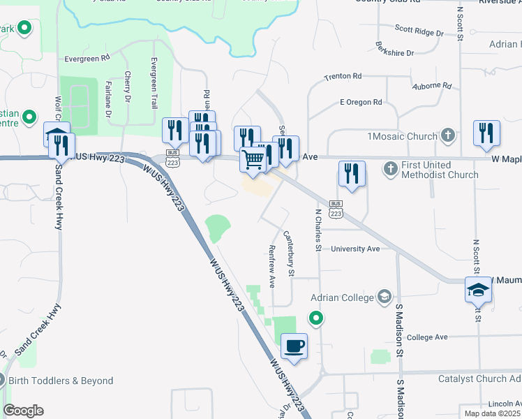 map of restaurants, bars, coffee shops, grocery stores, and more near 220 Stratford Avenue in Adrian