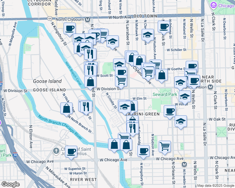 map of restaurants, bars, coffee shops, grocery stores, and more near 645 West Elm Street in Chicago