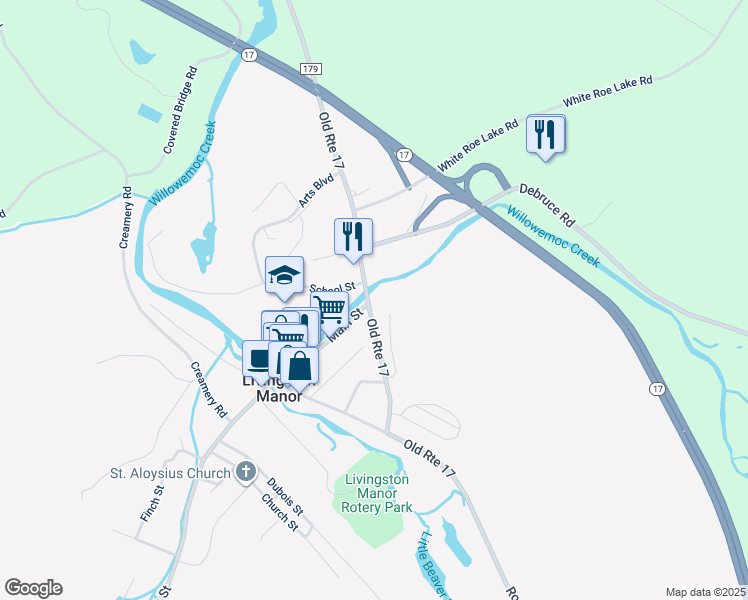 map of restaurants, bars, coffee shops, grocery stores, and more near 618 Old Route 17 in Livingston Manor