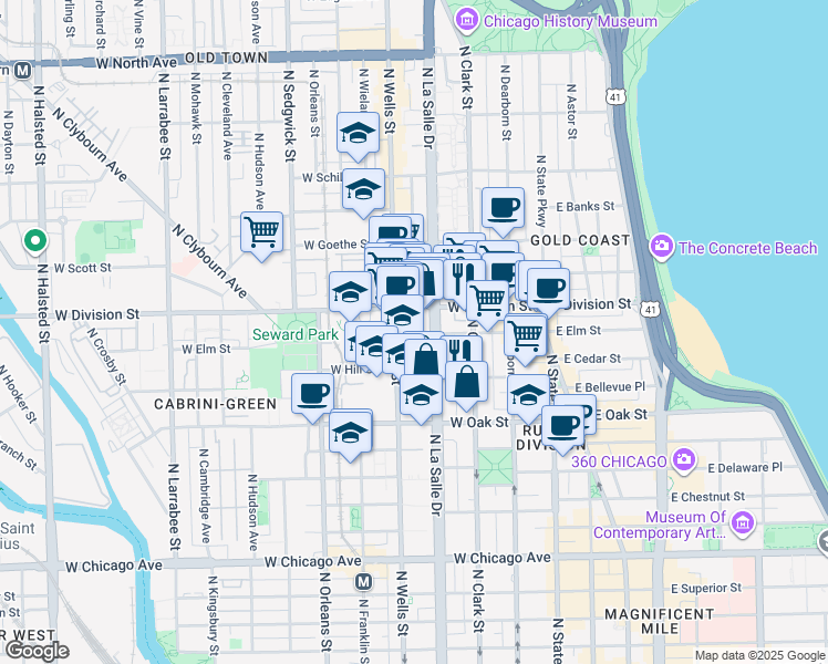 map of restaurants, bars, coffee shops, grocery stores, and more near 1140 North La Salle Drive in Chicago