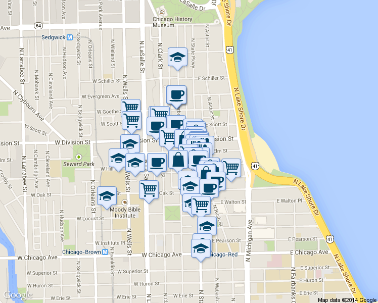map of restaurants, bars, coffee shops, grocery stores, and more near 1031 North State Street in Chicago