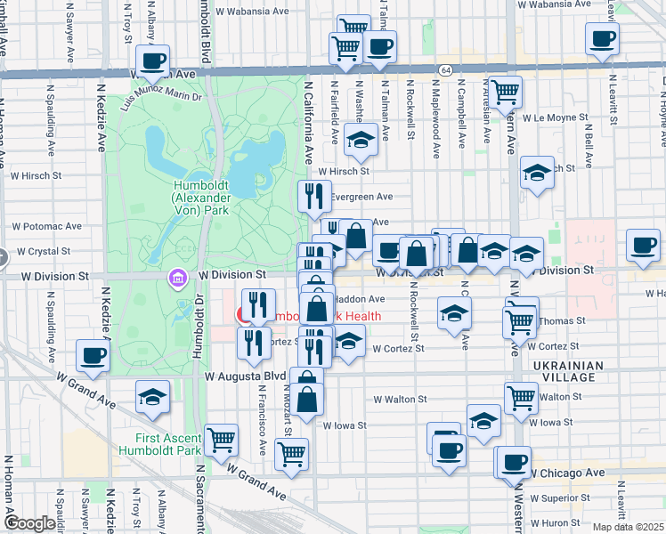 map of restaurants, bars, coffee shops, grocery stores, and more near 2734 West Division Street in Chicago