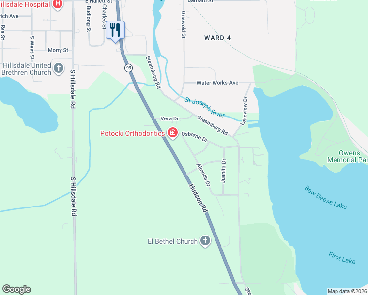 map of restaurants, bars, coffee shops, grocery stores, and more near 1468 Hudson Road in Hillsdale