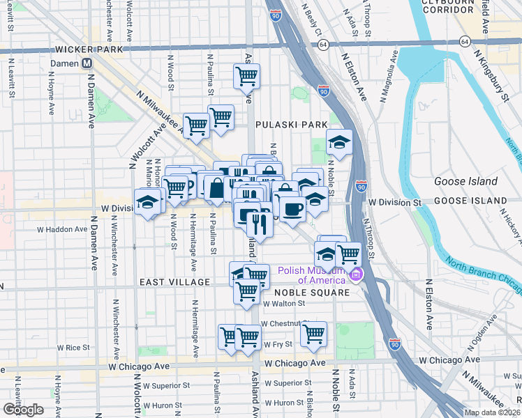 map of restaurants, bars, coffee shops, grocery stores, and more near 1549 West Division Street in Chicago