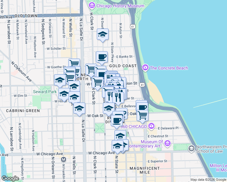 map of restaurants, bars, coffee shops, grocery stores, and more near 2 East Elm Street in Chicago