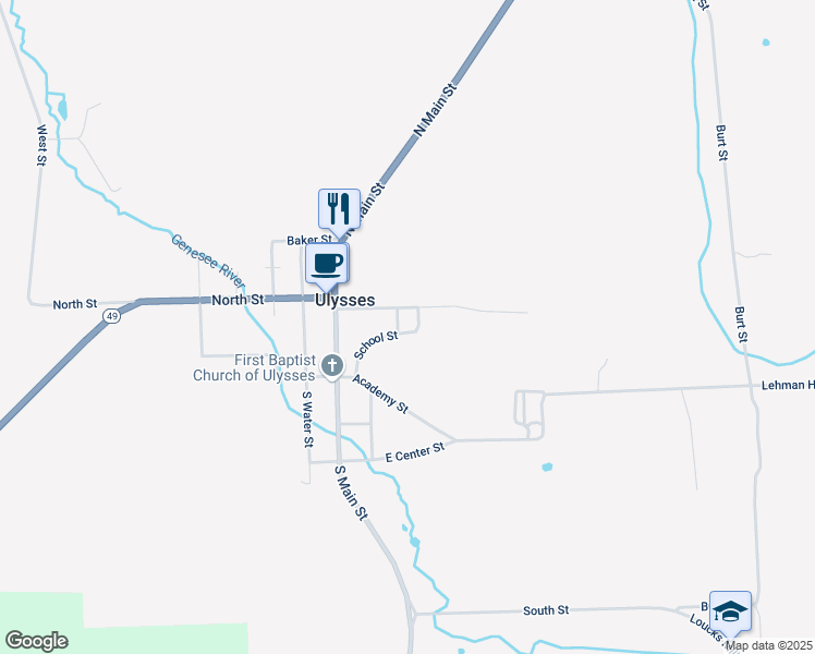 map of restaurants, bars, coffee shops, grocery stores, and more near 600-604 School Street in Ulysses