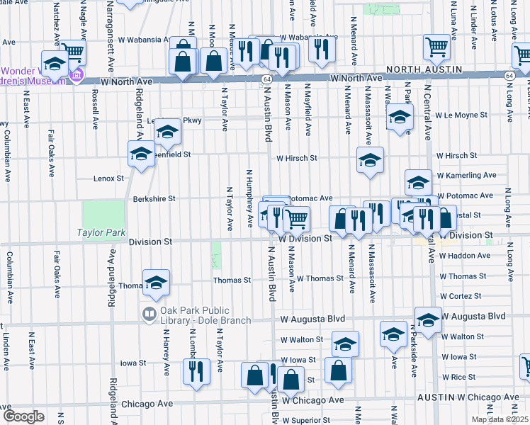 map of restaurants, bars, coffee shops, grocery stores, and more near 1232 North Austin Boulevard in Oak Park