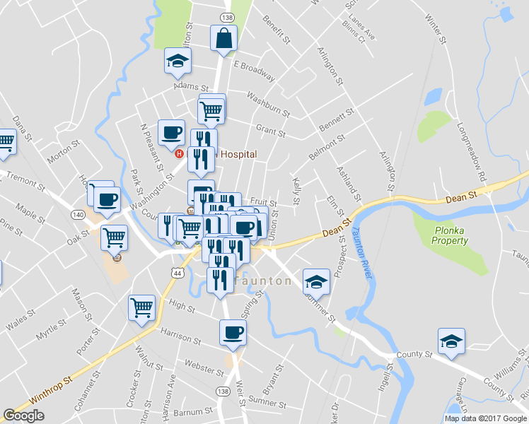 map of restaurants, bars, coffee shops, grocery stores, and more near 18 Union Street in Taunton