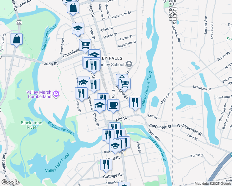 map of restaurants, bars, coffee shops, grocery stores, and more near 83 High Street in Cumberland