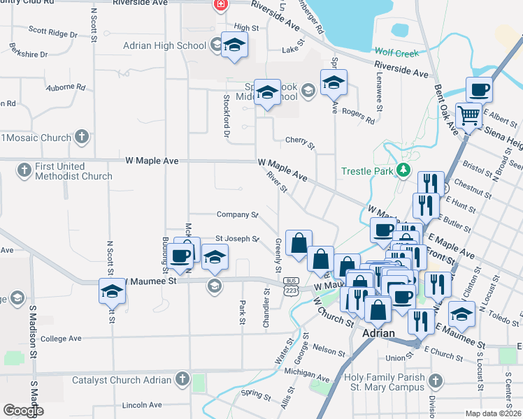 map of restaurants, bars, coffee shops, grocery stores, and more near 609 Company Street in Adrian