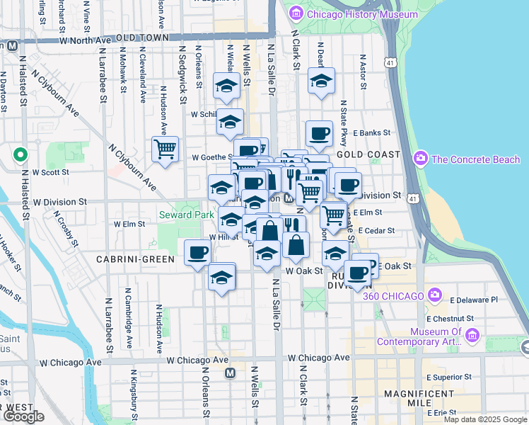 map of restaurants, bars, coffee shops, grocery stores, and more near in Chicago
