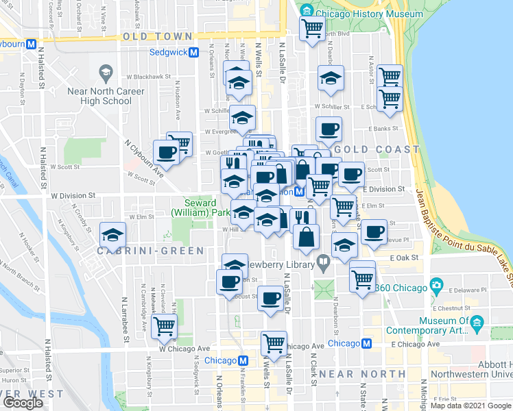 map of restaurants, bars, coffee shops, grocery stores, and more near in Chicago