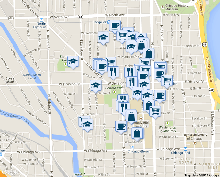 map of restaurants, bars, coffee shops, grocery stores, and more near 420 West Elm Street in Chicago