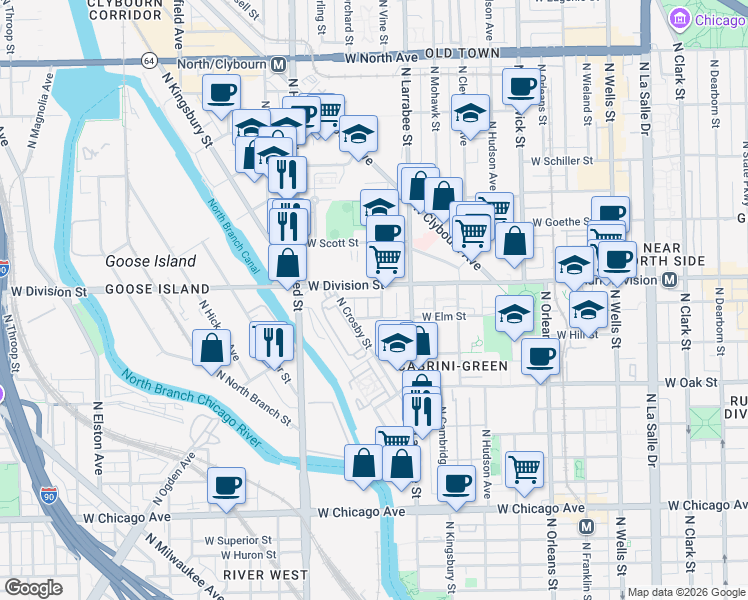 map of restaurants, bars, coffee shops, grocery stores, and more near 645 West Elm Street in Chicago