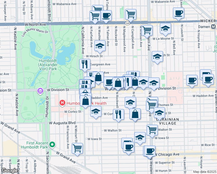 map of restaurants, bars, coffee shops, grocery stores, and more near 2625 West Division Street in Chicago
