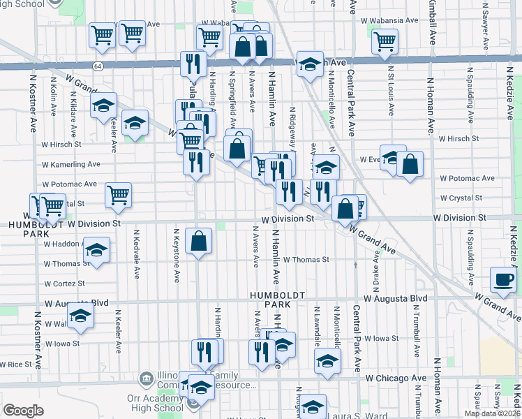 map of restaurants, bars, coffee shops, grocery stores, and more near 3841 West Division Street in Chicago