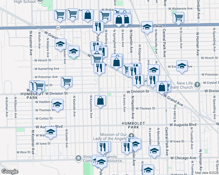 map of restaurants, bars, coffee shops, grocery stores, and more near 3913 West Division Street in Chicago