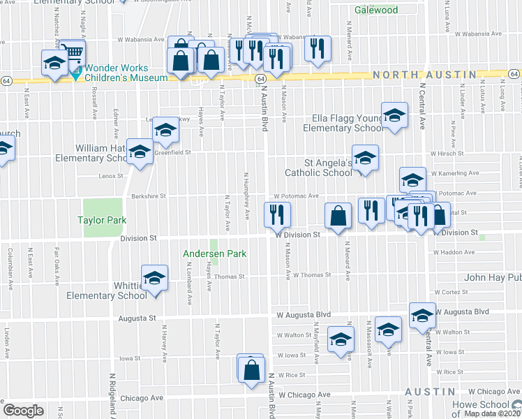 map of restaurants, bars, coffee shops, grocery stores, and more near 1212 North Austin Boulevard in Oak Park