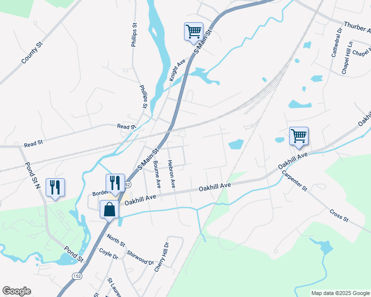 map of restaurants, bars, coffee shops, grocery stores, and more near 25 Frenier Avenue in Attleboro