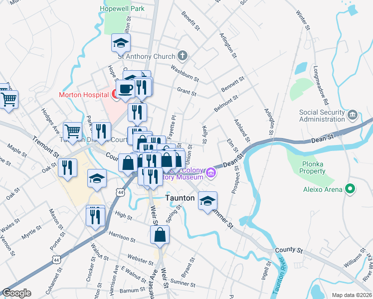 map of restaurants, bars, coffee shops, grocery stores, and more near 18 Union Street in Taunton