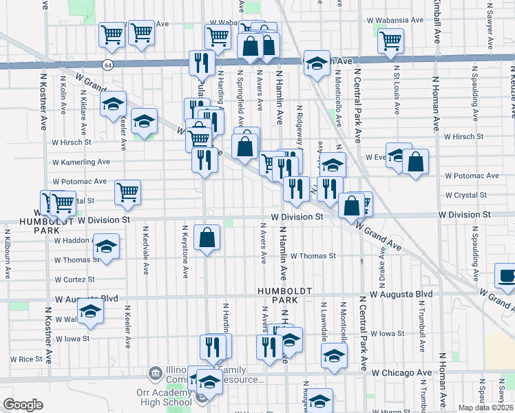 map of restaurants, bars, coffee shops, grocery stores, and more near 3841 West Division Street in Chicago