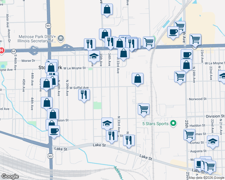 map of restaurants, bars, coffee shops, grocery stores, and more near 1612 North 33rd Avenue in Melrose Park