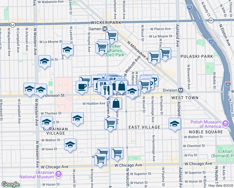 map of restaurants, bars, coffee shops, grocery stores, and more near North Winchester Avenue in Chicago